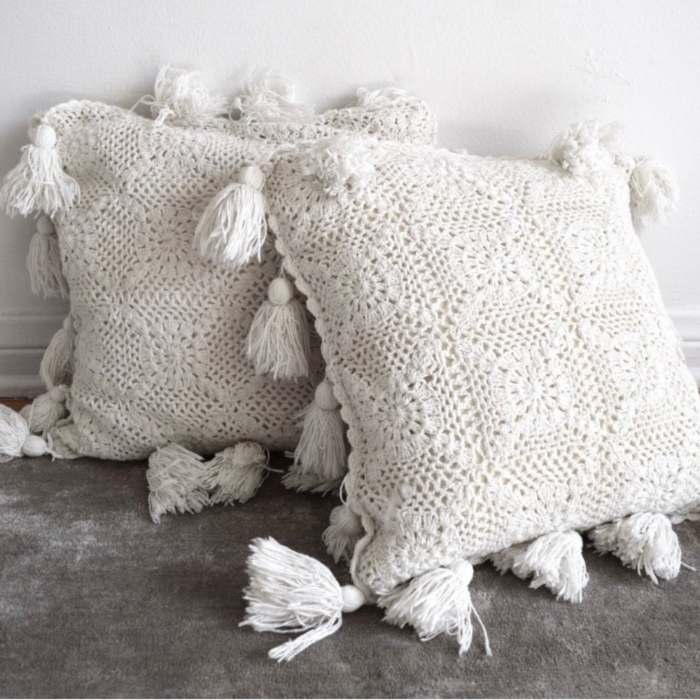 White crochet cushions w tassels - boho wedding chic